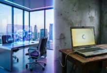 Two professionals working side by side, one assisted by advanced AI tools and the other without, illustrating the growing gap in technological access