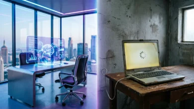 Two professionals working side by side, one assisted by advanced AI tools and the other without, illustrating the growing gap in technological access