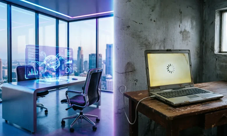 When AI Becomes a Luxury: How Unequal Access to Intelligent Tools Could Create a New Social Divide Two professionals working side by side, one assisted by advanced AI tools and the other without, illustrating the growing gap in technological access