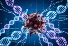Artificial intelligence analyzing cancer cells on a digital screen, representing advanced technology in medical research and oncology