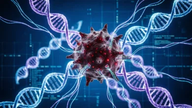 Artificial intelligence analyzing cancer cells on a digital screen, representing advanced technology in medical research and oncology