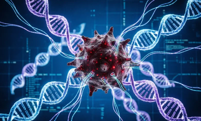 Artificial intelligence analyzing cancer cells on a digital screen, representing advanced technology in medical research and oncology