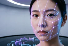 Person looking into a mirror with a digital overlay of beauty filters and self-improvement elements, symbolizing the modern concept of looksmaxxing