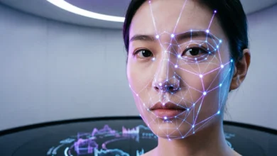 Person looking into a mirror with a digital overlay of beauty filters and self-improvement elements, symbolizing the modern concept of looksmaxxing