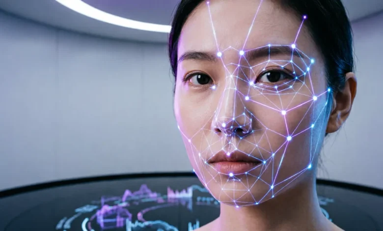 Person looking into a mirror with a digital overlay of beauty filters and self-improvement elements, symbolizing the modern concept of looksmaxxing