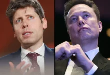 Elon Musk and Sam Altman in a symbolic courtroom setting representing a high-stakes legal battle over the future of artificial intelligence