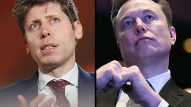 Elon Musk and Sam Altman in a symbolic courtroom setting representing a high-stakes legal battle over the future of artificial intelligence