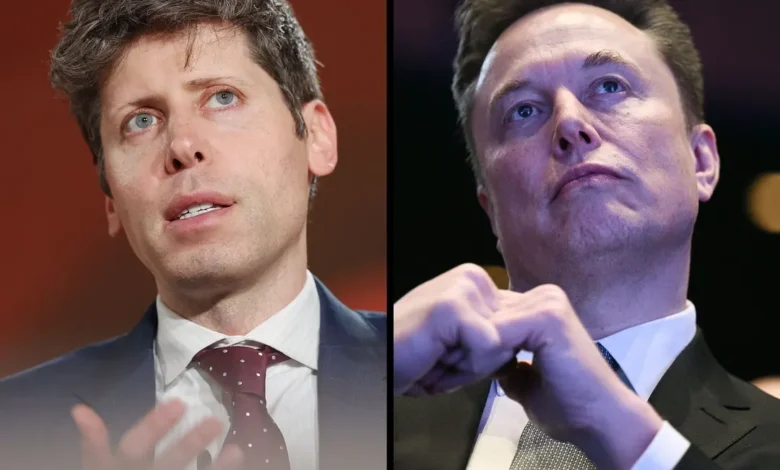 Elon Musk and Sam Altman in a symbolic courtroom setting representing a high-stakes legal battle over the future of artificial intelligence