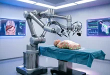 AI-powered robotic system assisting surgeons in a high-tech operating room, showcasing the future of intelligent surgical procedures