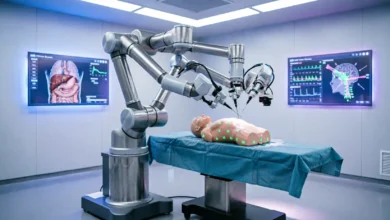 AI-powered robotic system assisting surgeons in a high-tech operating room, showcasing the future of intelligent surgical procedures