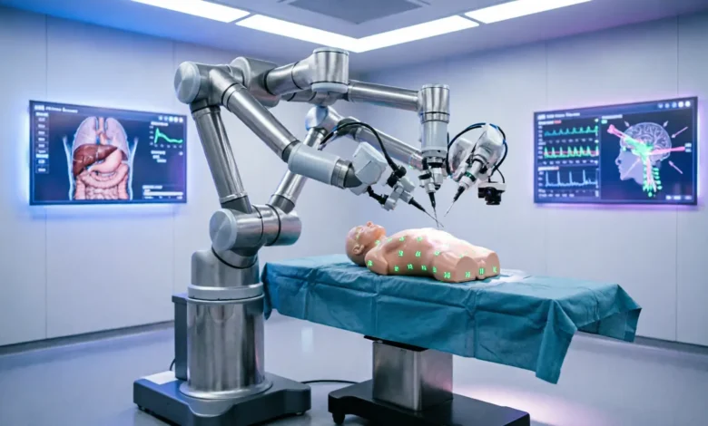AI-powered robotic system assisting surgeons in a high-tech operating room, showcasing the future of intelligent surgical procedures