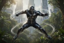 Black Panther leaps forward slashing with extended claws in vibranium suit, determined under mask, Wakanda cityscape and jungle background.
