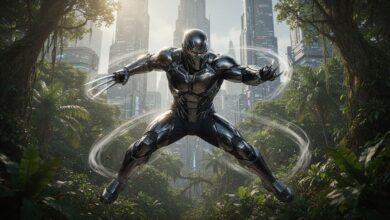 Black Panther leaps forward slashing with extended claws in vibranium suit, determined under mask, Wakanda cityscape and jungle background.