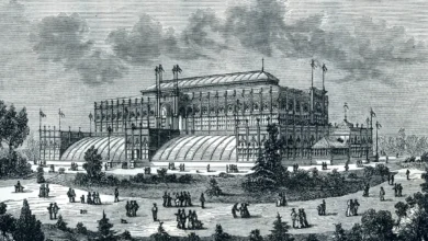 Historic exhibition hall from the 1876 centennial showcasing industrial innovations and cultural displays representing national progress
