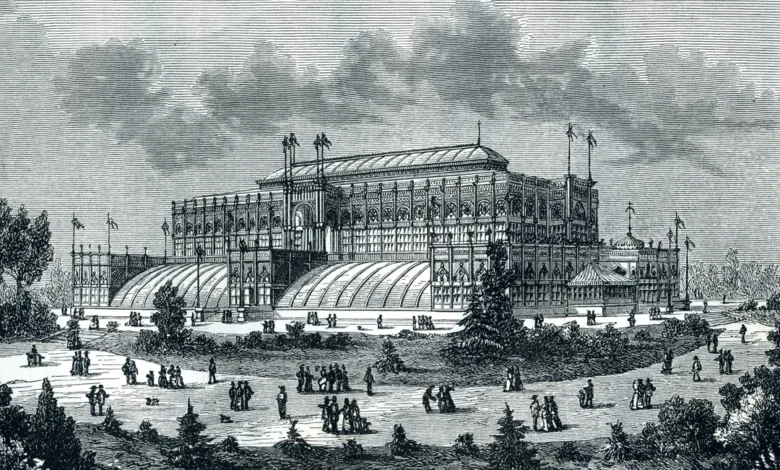 Historic exhibition hall from the 1876 centennial showcasing industrial innovations and cultural displays representing national progress