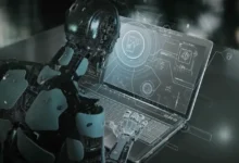 A professional and modern image showing a young man or woman sitting in front of a laptop, with illuminated AI symbols such as ChatGPT and image generation icons appearing on the screen, with a dark background and dim neon lighting that reflects the character of modern technology and freelance work.