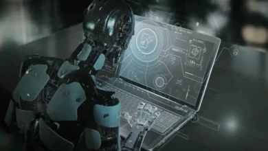A professional and modern image showing a young man or woman sitting in front of a laptop, with illuminated AI symbols such as ChatGPT and image generation icons appearing on the screen, with a dark background and dim neon lighting that reflects the character of modern technology and freelance work.