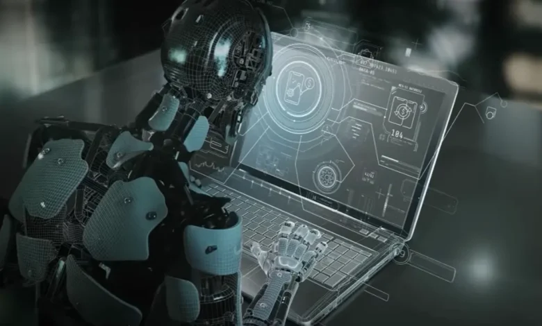 How to Make Money with AI for Free Without Paying A professional and modern image showing a young man or woman sitting in front of a laptop, with illuminated AI symbols such as ChatGPT and image generation icons appearing on the screen, with a dark background and dim neon lighting that reflects the character of modern technology and freelance work.